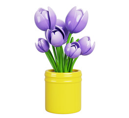 3d tulips in flower pot cartoon render icon. Spring bouquet of purple blossom tulip in yellow vase. Home floral bush in flowerpot for house or summer garden, isolated design element