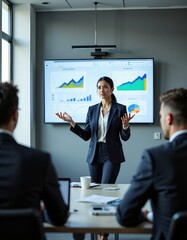 Confident female leader presenting data insights to team in modern office setting