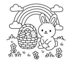 Easter coloring page with a rabbit on a meadow. Easter basket with Easter eggs. Rainbow. Black and white vector illustration.