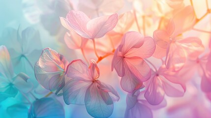 Multi-colored translucent leaves and pastel-colored flowers are superimposed on each other on a soft background, creating a delicate and airy visual effect. The concept of nature.