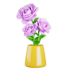 3d flower bouquet in yellow vase. Pink rose or peony, cute house plant in pot for home interior decor or gift. Floral bunch with green leaf and blossom, isolated cartoon render icon