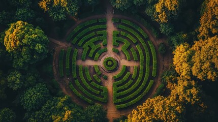 Fototapeta premium Aerial View of a Circular Maze Surrounded by Lush Greenery