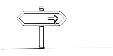 One Continuous line drawing of Road direction signpost arrows to the right and left and plate, Road Sign Single Line Icon, Road direction sign arrows isolated on white background.