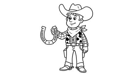 Cowboy Holding Up Simple Horseshoe Outline Lucky Western Symbol Ranch Life Theme Coloring Page For Kids Activity Luck
