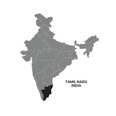 Tamil Nadu India vector map illustration. Tamil Nadu District vector map illustration. Tamil Nadu political outline. Illustration. India Map with Highlighted Tamil Nadu state. India Map.