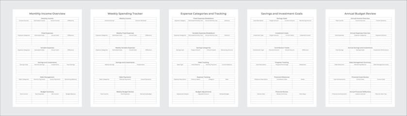 Budget Planner Pages and Planner Sheets Design Template for daily, weekly, monthly and annually Budget organizing routines and personal goals Set of 5 Pages