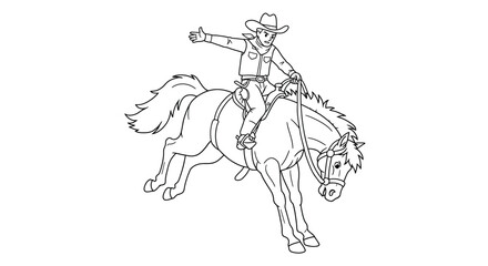 Simple Rodeo Coloring Page Outline Cowboy On Bucking Horse With Raised Front Legs Western Action Illustration Graphic