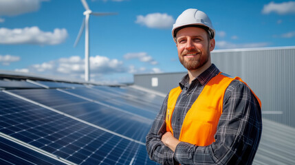Obraz premium solar panel on factory roof with wind turbine and blue sky background