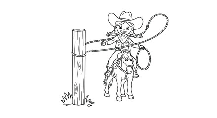 Obraz premium Roping Practice Coloring Page Line Art Cowgirl Character Having Caught Wooden Post With Lasso Western Action Scene Joy