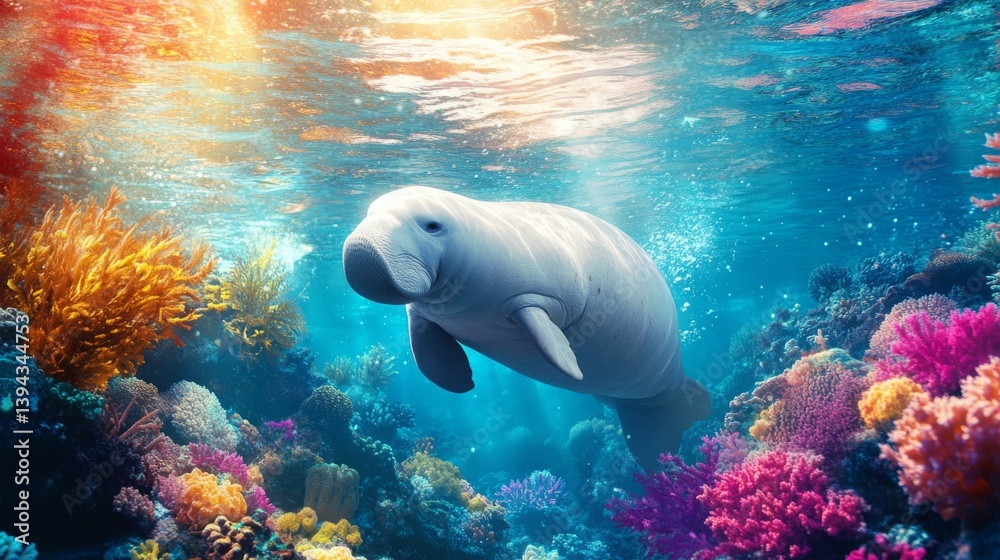 Poster An underwater view of a dugong surfacing for air, with a backdrop of colorful coral formations and shimmering sunlight, creating a captivating marine scene.