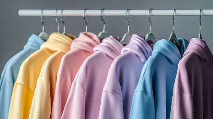 Row of colorful row t-shirts with sweatshirt hanging on hangers on a white background