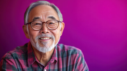 Obraz premium Smiling Elder: A portrait of a wise, elderly gentleman with glasses, his warm smile lighting up a vibrant background, capturing the wisdom and serenity of age.