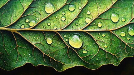 Fototapeta premium Closeup of Green Leaf with Water Droplets