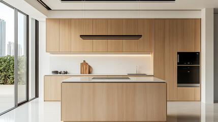 modern minimalist kitchen and counter with white walls and light wood cabinets