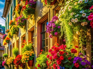 Architectural Elegance Meets Summer Bloom A Stunning Display of Vibrant Flowers in a Classic Setting