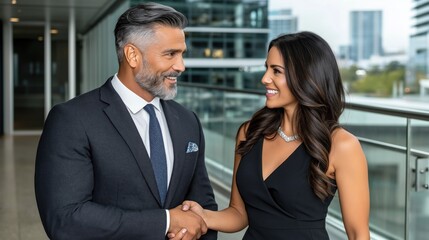 Fototapeta premium Two business professionals, a man and woman, are smiling and shaking hands in a contemporary office environment with large windows, indicating a productive networking moment