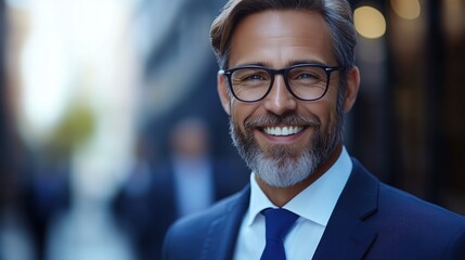 business professional stands outside in an urban area with a confident smile. individual wears glasses and a suit, showcasing a sense of accomplishment and positivity