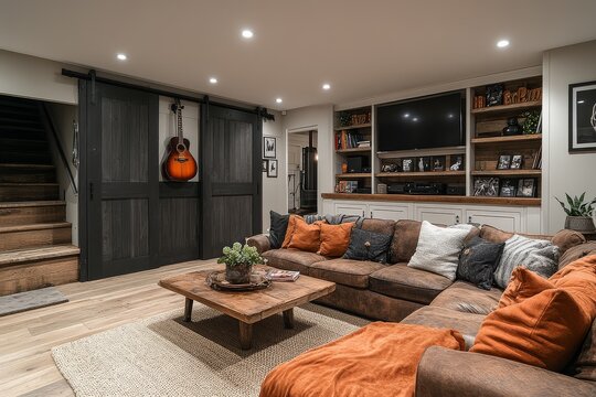 Large basement living room with farmhouse-style furniture, oak flooring, custom built-ins, warm lighting, and an open concept design featuring a bar area and musical elements