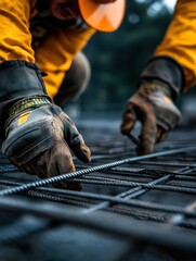 A construction worker in protective gloves positions steel rebar, emphasizing safety and craftsmanship, This image can enhance materials related to construction, safety training, or industrial labor,
