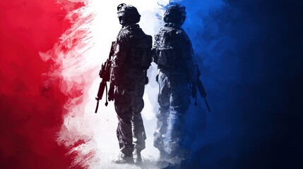 Silhouettes of two soldiers against abstract french flag in bold colors