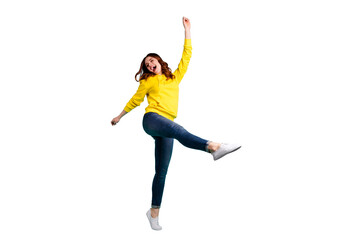 Full length body size photo of cheerful charming cute nice attractive fascinating girl wearing jeans denim dancing rejoicing screaming isolated over teal vibrant color background