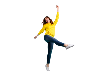 Full length body size photo of cheerful charming cute nice attractive fascinating girl wearing jeans denim dancing rejoicing screaming isolated over teal vibrant color background