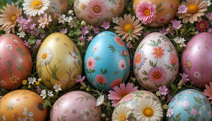 Fototapeta premium Floral Painted Easter Eggs Surrounded by Spring Daisies