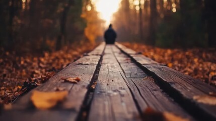 Fototapeta premium A serene wooden pathway stretches through a forest blanketed with autumn leaves, as a distant figure walks away, creating a tranquil atmosphere perfect for themes of solitude and nature,