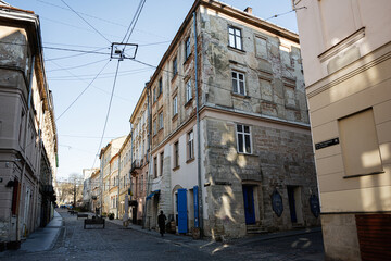 Historic street view with old buildings in Lviv, Ukraine under daylight