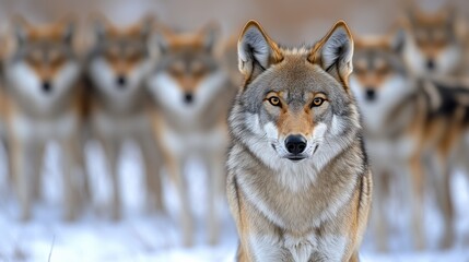 Obraz premium solitary wolf stands prominently in the foreground while several other wolves are visible in blurred focus behind it. snowy terrain adds a serene ambiance to this winter scene