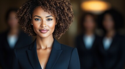 A woman with beautiful curly hair stands confidently in a black suit, clearly focused and poised. In the background, a few colleagues are engaged in conversation at a corporate event