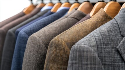 Fototapeta premium A collection of stylish suits neatly hung on wooden hangers, showcasing a variety of textures and colors, Ideal for fashion retailers, tailor shops, or blogs focusing on men's fashion trends,