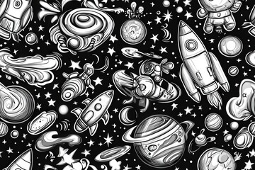 Seamless pattern with cartoon space rockets astronaut planets stars