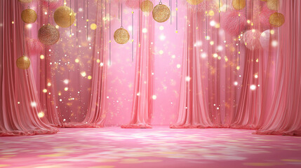 Elegant pink festive backdrop with golden hanging decorations, draped curtains and glowing sparkles in magical celebration scene. Copy space
