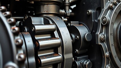 Close-up view of heavy machinery steel components, industrial strength.
