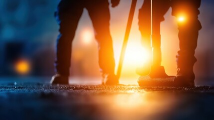 Silhouetted figures holding tools against an illuminated background, evoking a sense of hard work and determination, Ideal for construction, teamwork