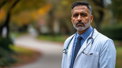 doctor in a white coat with a stethoscope stands confidently in an outdoor park, surrounded by autumn foliage, showcasing his commitment to community health and patient care