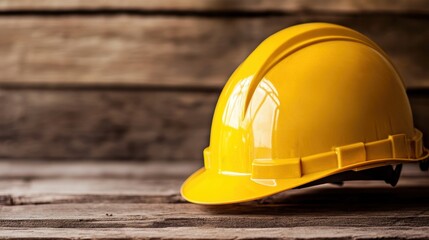 A vibrant yellow hard hat rests on a wooden surface, symbolizing safety in construction and industry, This image is ideal for articles on workplace safety, construction projects