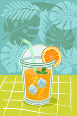 Flat hello summer vibes vector. Ice tropical cocktail with straw. Orange lemonade illustration.