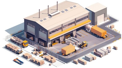 A large factory building with heavy machinery and loading areas.