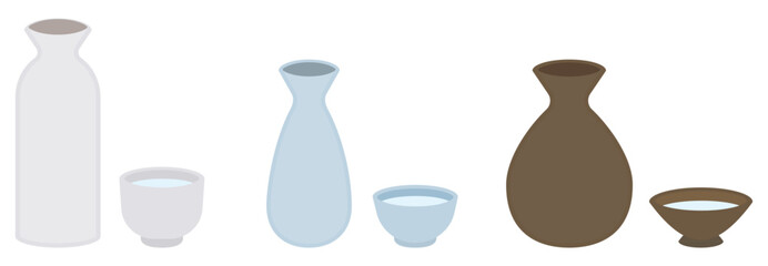 日本酒の徳利・お猪口のシルエットアイコンセットカラー