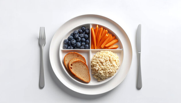 balanced meal featuring blueberries, carrot sticks, rice, and slices of bread arranged divided plate. This healthy composition emphasizes nutrition and portion control, ideal for wholesome diet