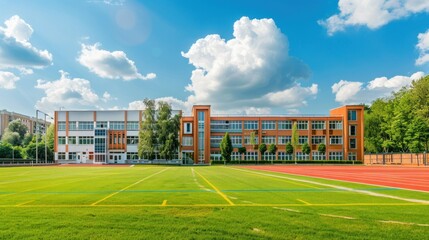A modern high school building with a large entrance and sports field.