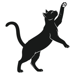 Sleek Black Cat Silhouette Reaching Upwards, Playful Feline, Arching Back, Elegant Pose