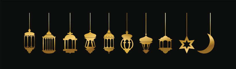 Ramadan Lantern Luxury Gold Lamp Transparent Background For Islamic Festival Or Isra Miraj Un Nabi. Gold vintage luminous lanterns. Arabic shining lamps. Isolated hanging realistic lamps.
