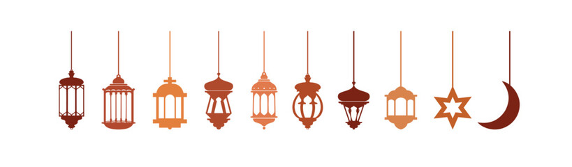 Ramadan Lantern Luxury Gold Lamp Transparent Background For Islamic Festival Or Isra Miraj Un Nabi. Gold vintage luminous lanterns. Arabic shining lamps. Isolated hanging realistic lamps.