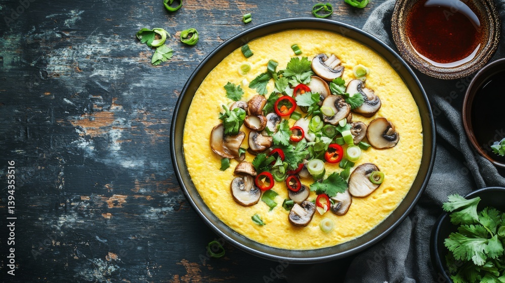 Aufkleber a bowl of soft steamed egg garnished with thin slices of mushrooms, spring onions, and cilantro, pla