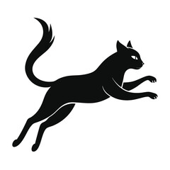 Silhouette of Leaping Black Cat with Arched Back and Upward Tail Isolated on White