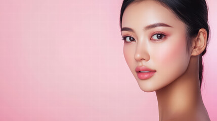 Naklejka premium Radiant Beauty: Captivating portrait of a woman, showcases her flawless features, highlighted by elegant makeup, against a delicate pink backdrop. A testament to refined beauty and style. 