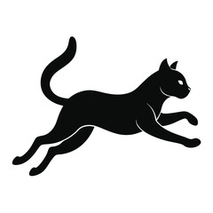 Leaping Feline Silhouette Dynamic Black Cat, Graceful Jump, Isolated on White Backdrop